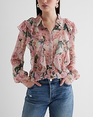 RUFFLE FRONT RELAXED PORTOFINO AO DIGITAL KARINA FLORAL 9710555:PRINT-PINK:L