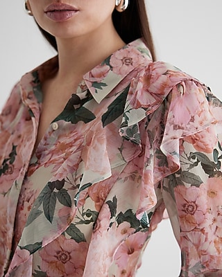 RUFFLE FRONT RELAXED PORTOFINO AO DIGITAL KARINA FLORAL 9710555:PRINT-PINK:L