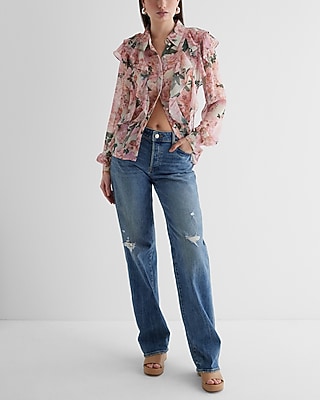 RUFFLE FRONT RELAXED PORTOFINO AO DIGITAL KARINA FLORAL 9710555:PRINT-PINK:L