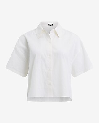 Linen-Blend Short Sleeve Cropped Boyfriend Portofino Shirt
