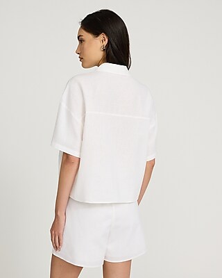 Linen-Blend Short Sleeve Cropped Boyfriend Portofino Shirt