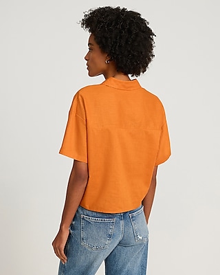 Linen-Blend Short Sleeve Cropped Boyfriend Portofino Shirt