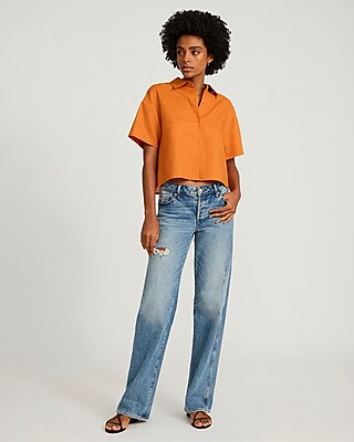 Linen-Blend Short Sleeve Cropped Boyfriend Portofino Shirt
