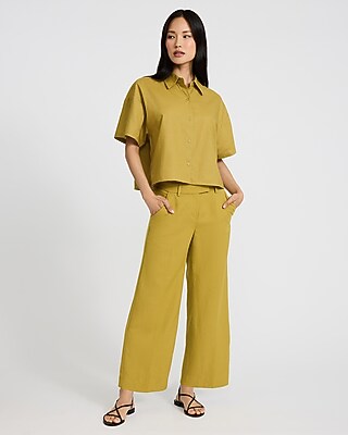 Linen-Blend Short Sleeve Cropped Shirt