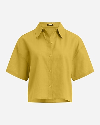 Linen-Blend Short Sleeve Cropped Shirt