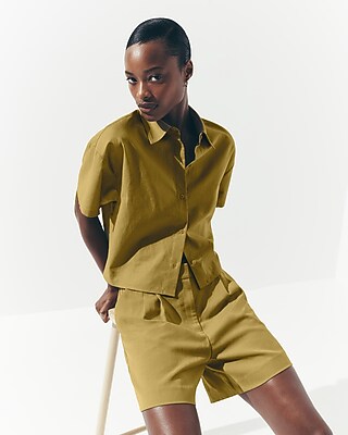Linen-Blend Short Sleeve Cropped Shirt