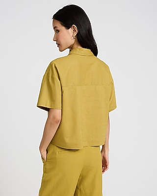 Linen-Blend Short Sleeve Cropped Shirt