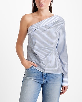 Poplin Striped One Shoulder Draped Top