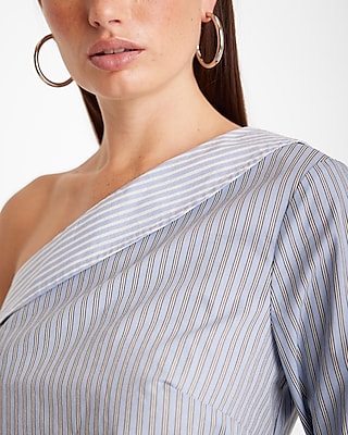 Poplin Striped One Shoulder Draped Top