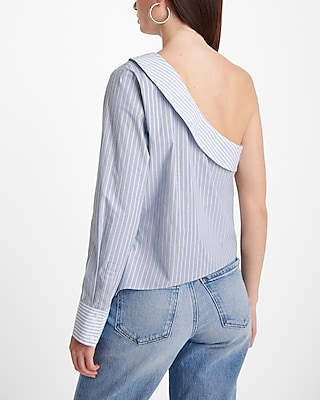 Poplin Striped One Shoulder Draped Top