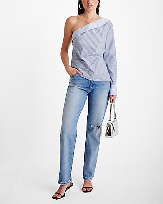 Poplin Striped One Shoulder Draped Top