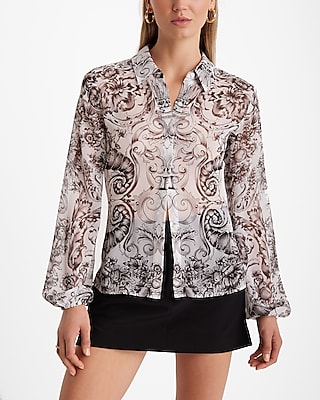 Printed Sheer Balloon Sleeve Portofino Shirt