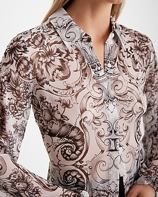 Printed Sheer Balloon Sleeve Portofino Shirt