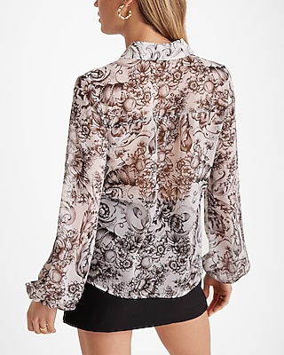 Printed Sheer Balloon Sleeve Portofino Shirt