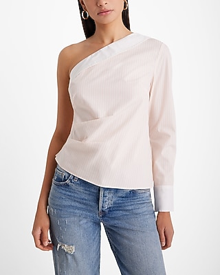 Poplin Striped One Shoulder Draped Top | Express