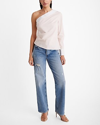 Poplin Striped One Shoulder Draped Top