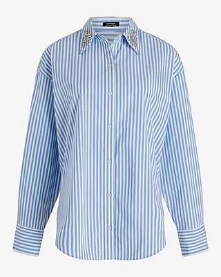 Poplin Embellished Collar Striped Boyfriend Portofino Shirt Express