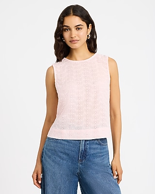 Cotton Eyelet Crew Neck Button Back Tank