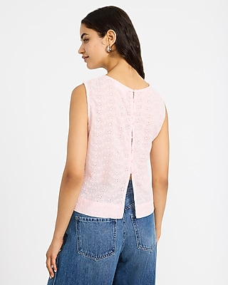 Cotton Eyelet Crew Neck Button Back Tank
