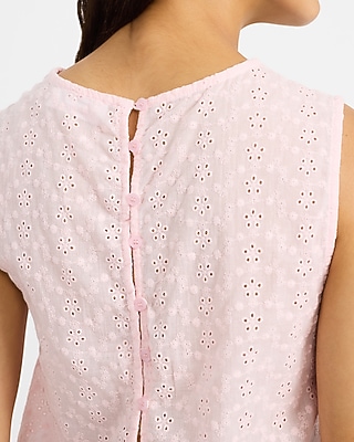 Cotton Eyelet Crew Neck Button Back Tank