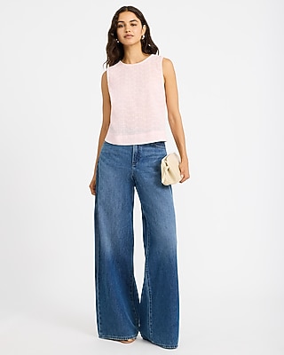 Cotton Eyelet Crew Neck Button Back Tank
