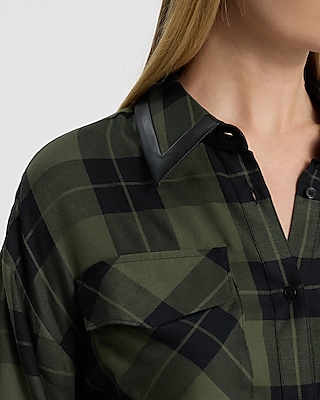 Plaid Faux Leather Trim Cropped Portofino Shirt