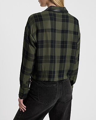 Plaid Faux Leather Trim Cropped Portofino Shirt