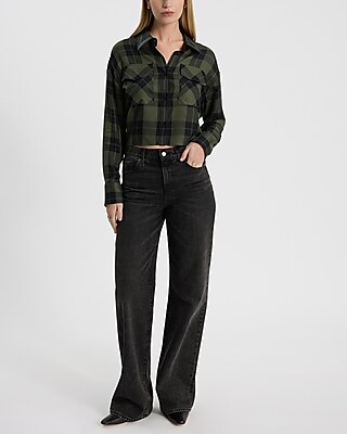 Plaid Faux Leather Trim Cropped Portofino Shirt