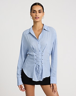 Striped Long Sleeve Lace Up Cinched Waist Shirt
