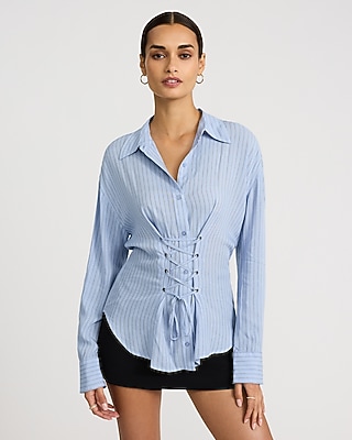Striped Long Sleeve Lace Up Cinched Waist Shirt