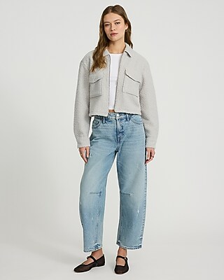 Boucle Double Pocket Zip Front Cropped Shacket - image 3