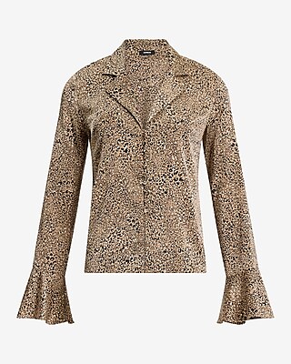 Satin Leopard V-Neck Flare Sleeve Shirt