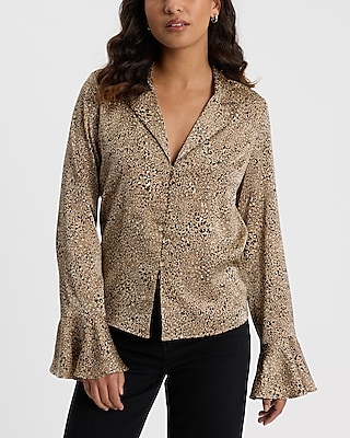 Satin Leopard V-Neck Flare Sleeve Shirt