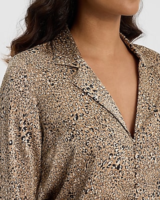 Satin Leopard V-Neck Flare Sleeve Shirt