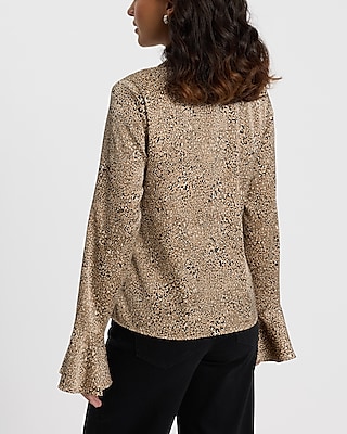 Satin Leopard V-Neck Flare Sleeve Shirt