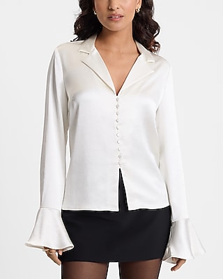 Satin V-Neck Flare Sleeve Shirt