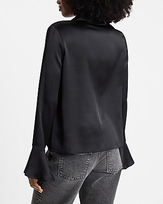 Satin V-Neck Flare Sleeve Shirt - thumbnail 7