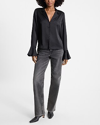 Satin V-Neck Flare Sleeve Shirt - thumbnail 8