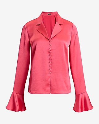 Satin V-Neck Flare Sleeve Shirt