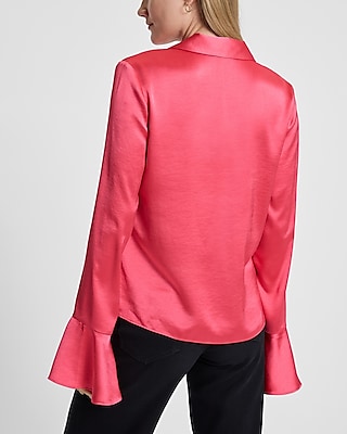 Satin V-Neck Flare Sleeve Shirt