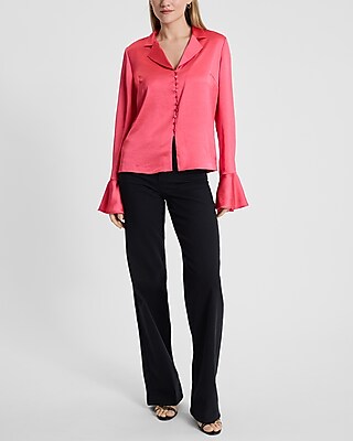 Satin V-Neck Flare Sleeve Shirt