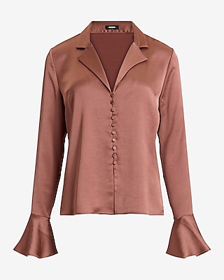 Satin V-Neck Flare Sleeve Shirt