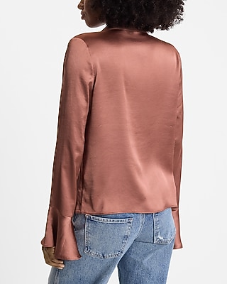 Satin V-Neck Flare Sleeve Shirt