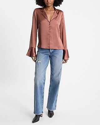 Satin V-Neck Flare Sleeve Shirt