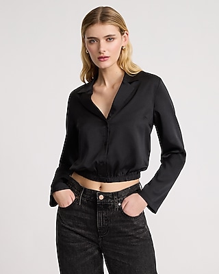 Satin Long Sleeve Elastic Waist Cropped Shirt