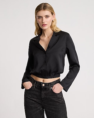 Satin Long Sleeve Elastic Waist Cropped Shirt