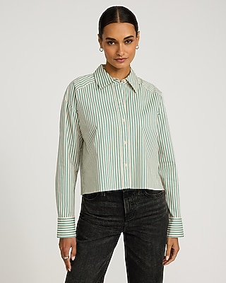 MY 1LDK STRIPED CROPPED SHIRT グリーン0 Stretch Cotton Poplin Striped Cropped Shirt | Express