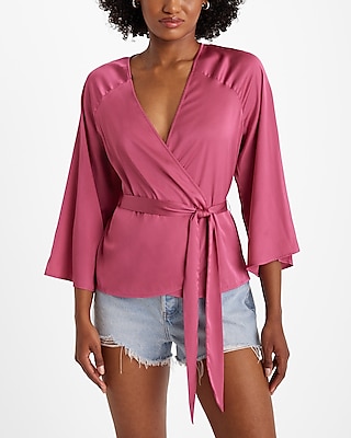 V-neck Kimono Sleeve Surplice Tie Waist Top | Express