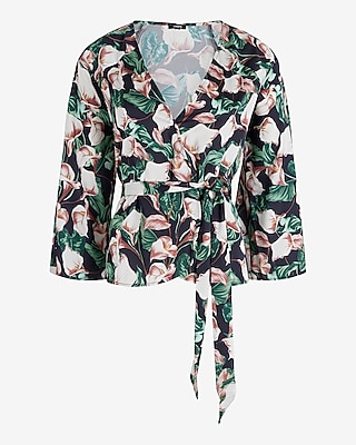 Floral V-Neck Kimono Sleeve Surplice Tie Waist Top