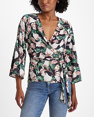 Floral V-Neck Kimono Sleeve Surplice Tie Waist Top